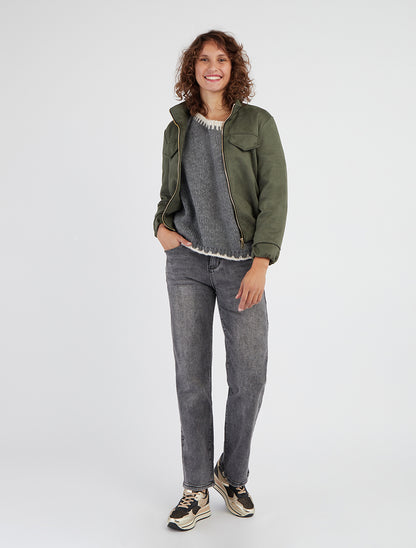 Elastische Jacke aus Wildlederimitat - Kaki