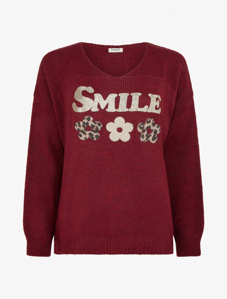 Einfarbiger Strickpullover mit Flockdruck - Bordeaux