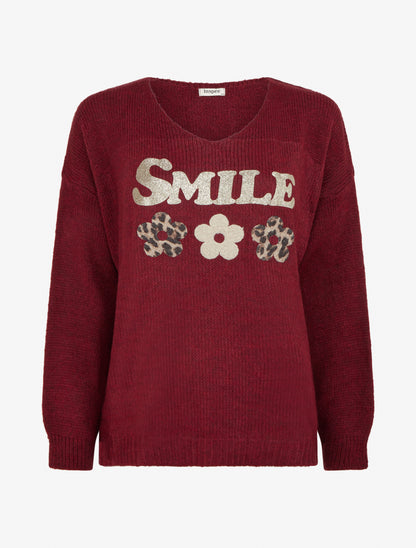 Einfarbiger Strickpullover mit Flockdruck - Bordeaux