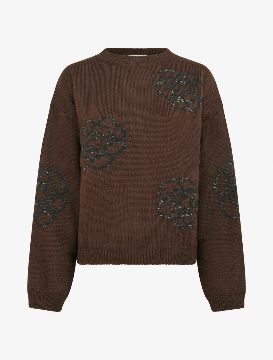 Pull uni à motifs fleurs - Marron - 1