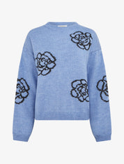 Pull uni à motifs fleurs - Bleu - 1