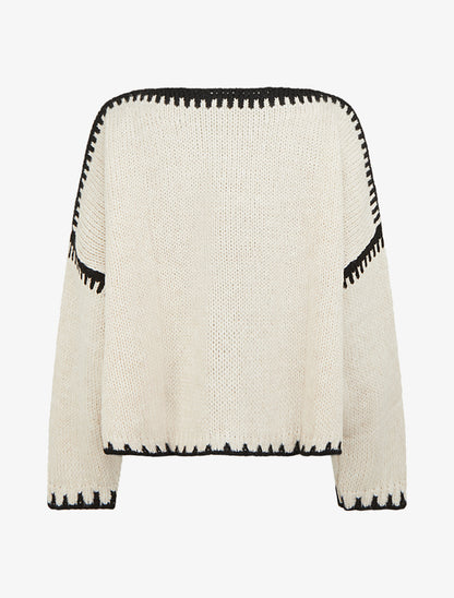 Pull en maille uni à bandes contrastantes - Beige - 2