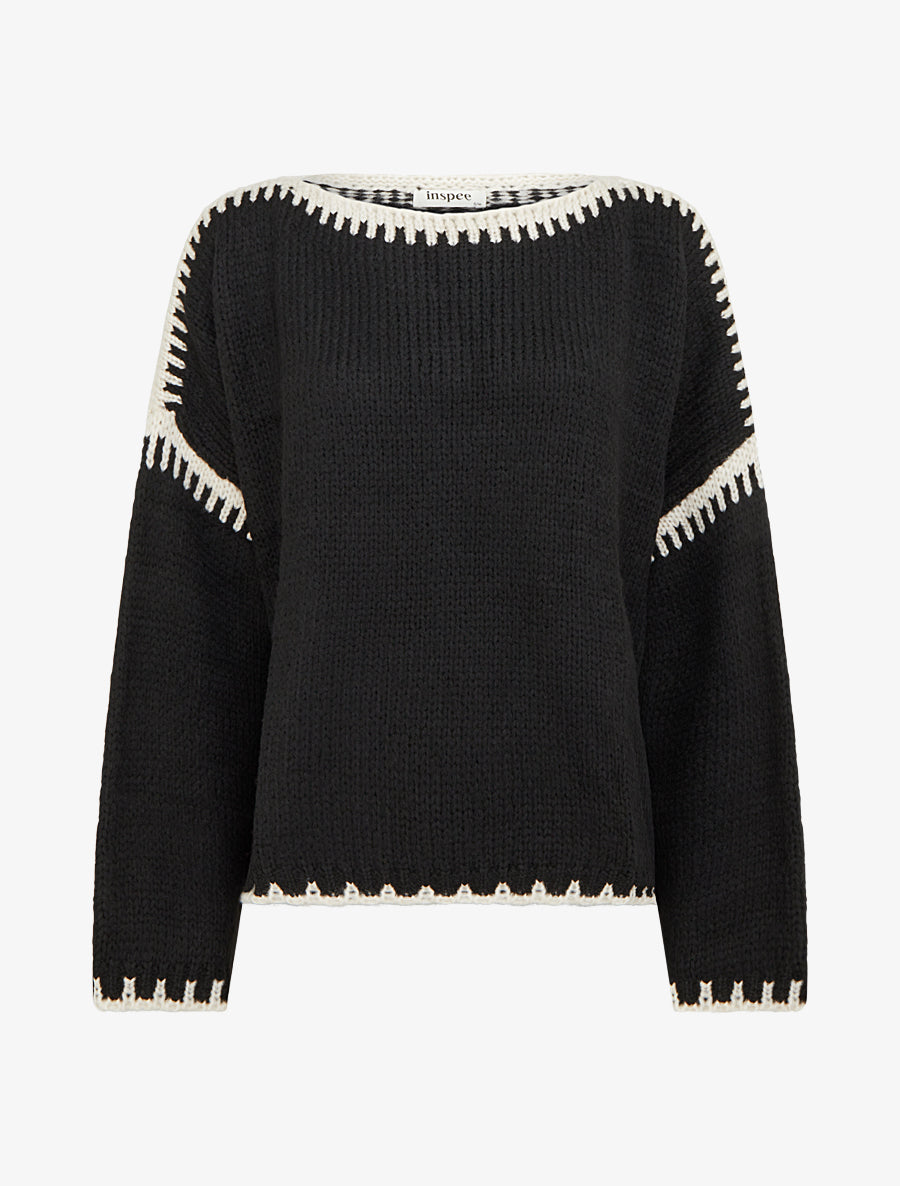 Pull en maille uni à bandes contrastantes - Noir - 1