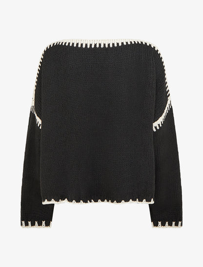 Pull en maille uni à bandes contrastantes - Noir - 2