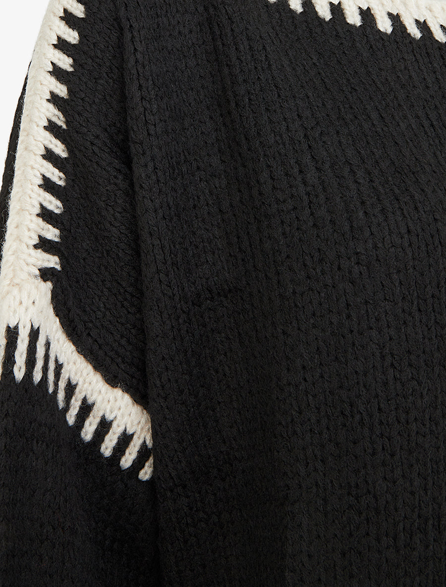 Pull en maille uni à bandes contrastantes - Noir - 3