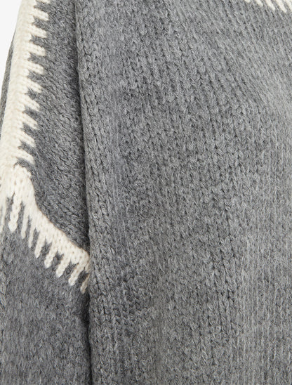 Pull en maille uni à bandes contrastantes - Gris - 3