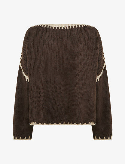 Pull en maille uni à bandes contrastantes - Marron - 2