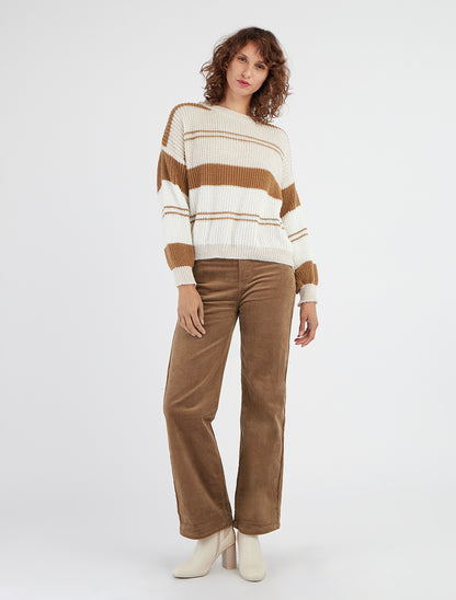 Strickpullover mit kontrastierenden Streifen - Beige/Kamel