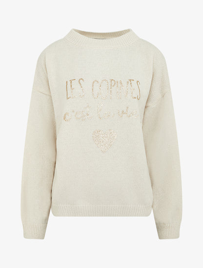 Pull en maille uni à flocage - Crème - 1