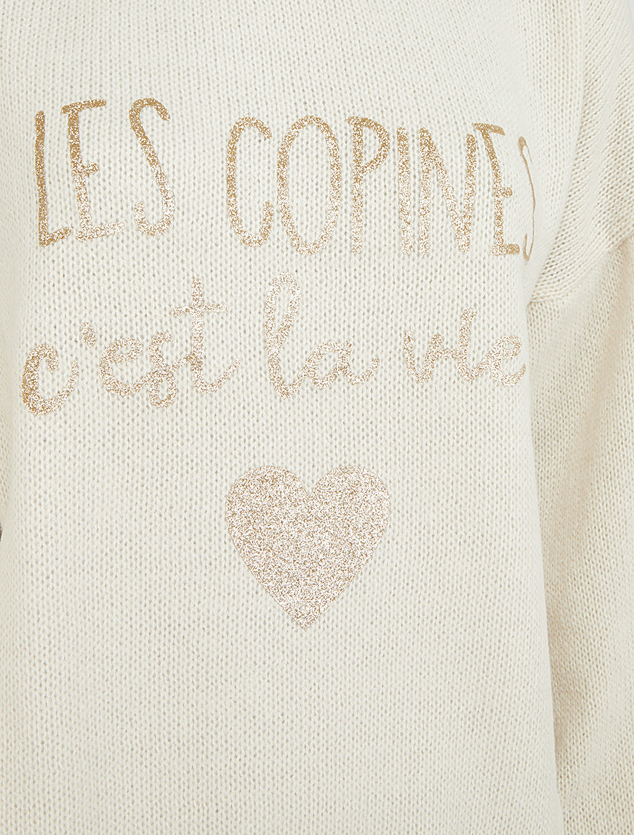Pull en maille uni à flocage - Crème - 3