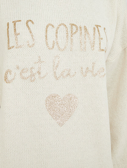 Pull en maille uni à flocage - Crème - 3
