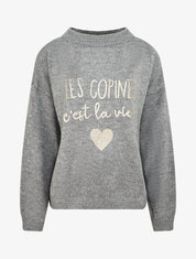 Pull en maille uni à flocage - Gris - 1