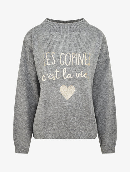Pull en maille uni à flocage - Gris - 1