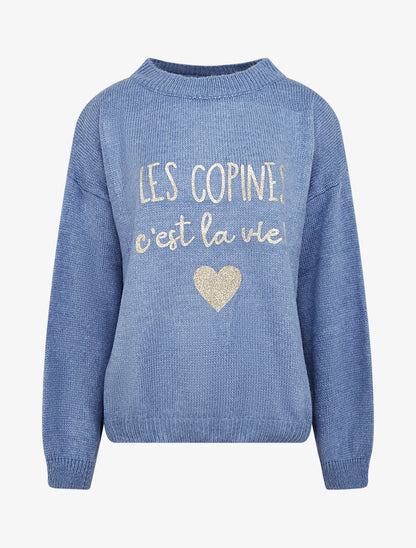 Pull en maille uni à flocage - Bleu - 1