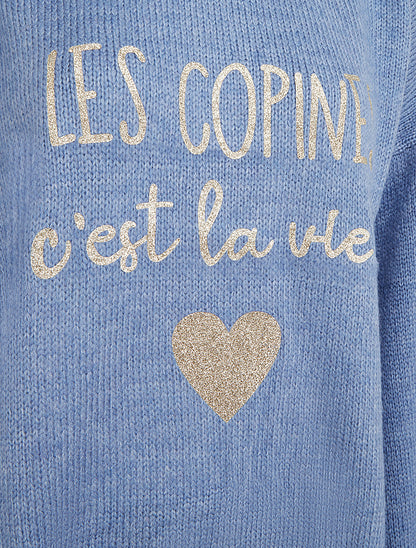 Pull en maille uni à flocage - Bleu - 3
