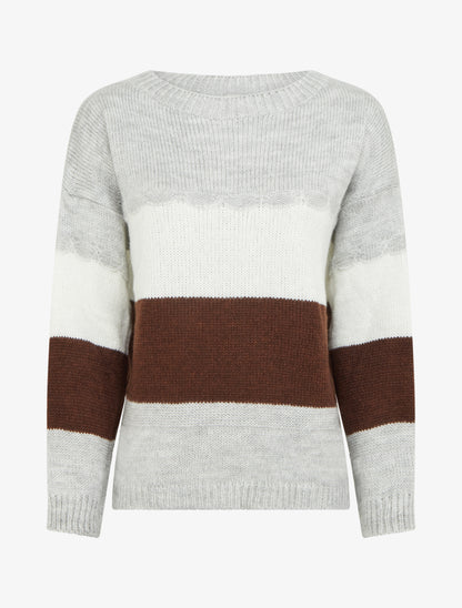 Pull rayé à col rond - Gris - 1