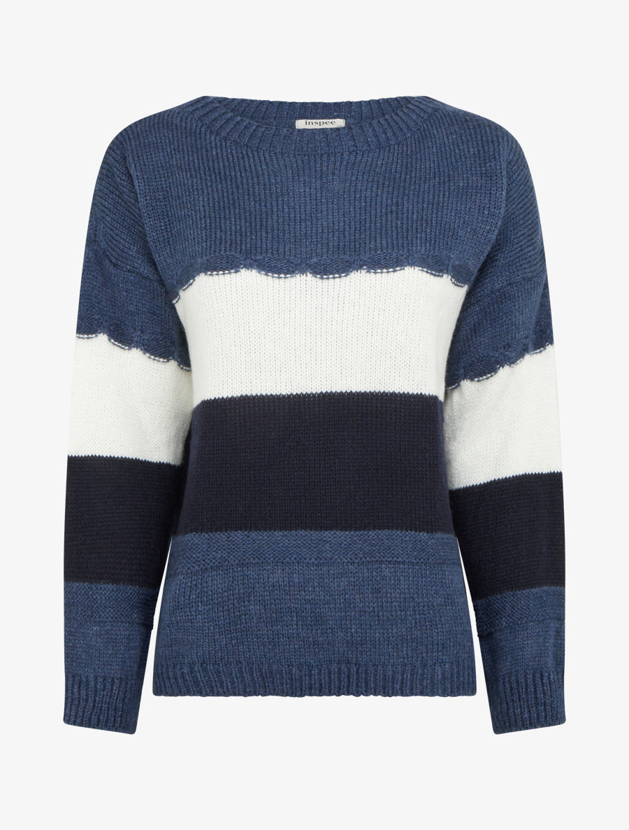 Pull rayé à col rond - Bleu - 1