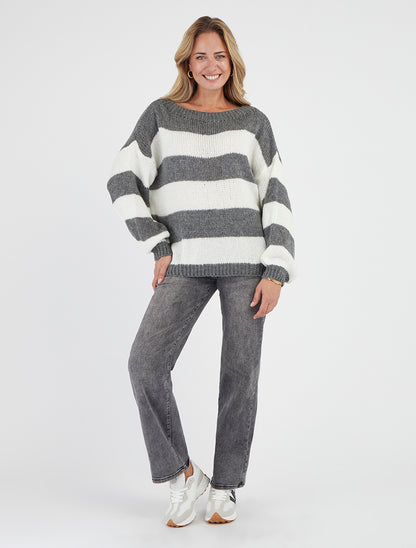 Gestreifter zweifarbiger Strickpullover - Grau