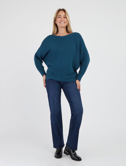Einfarbiger Pullover mit Fledermausärmeln - Entenblau