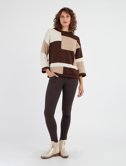 Pull color bloc en maille - Marron - 8