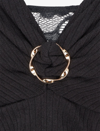 Pull fin côtelé à col dentelle et bijou - Noir - 3