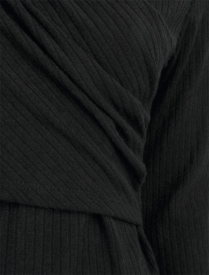 Pull fin côtelé à cache-cœur stylisé - Noir - 3