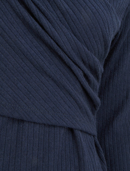 Pull fin côtelé à cache-cœur stylisé - Marine - 3