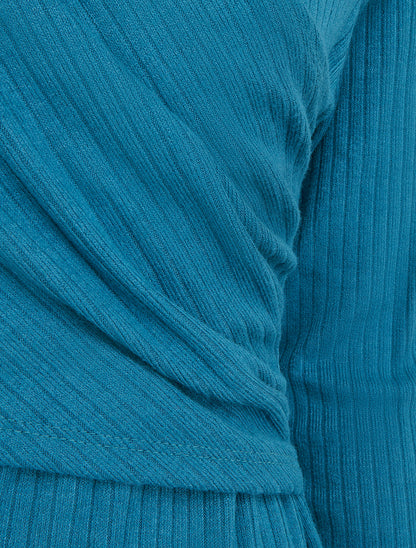 Pull fin côtelé à cache-cœur stylisé - Bleu canard - 3