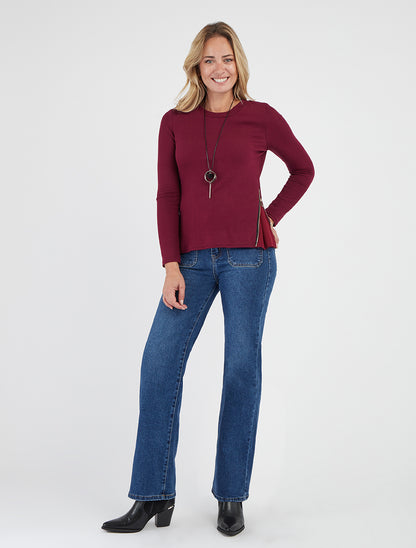 Feiner Pullover mit Reißverschlüssen an den Seiten - Weinrot