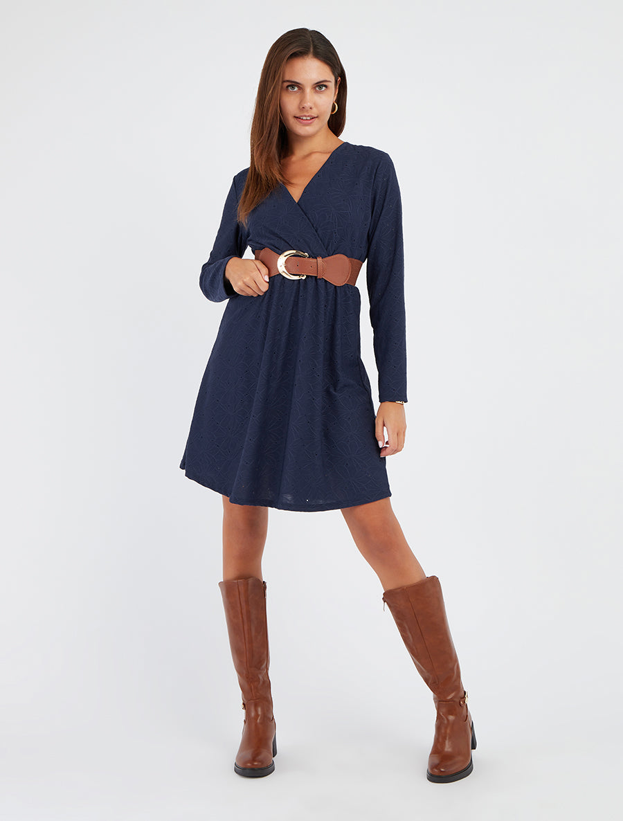 Robe evasée effet fleurs brodées - Marine - 8