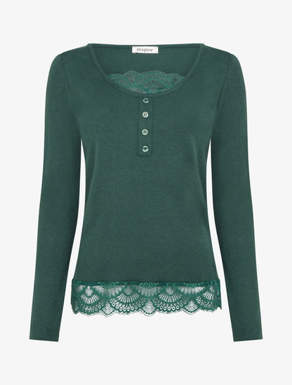 Pull fin à détail dentelle - Vert sapin - 1