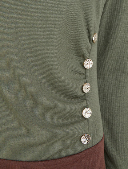 Pull bicolore à boutons décoratifs - Kaki - 3