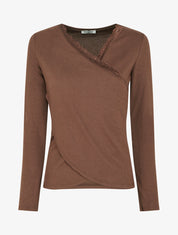Pull fin côtelé à col cache-coeur - Marron - 1