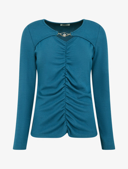 Pull fin à empiècement bijou strassé - Bleu canard - 1