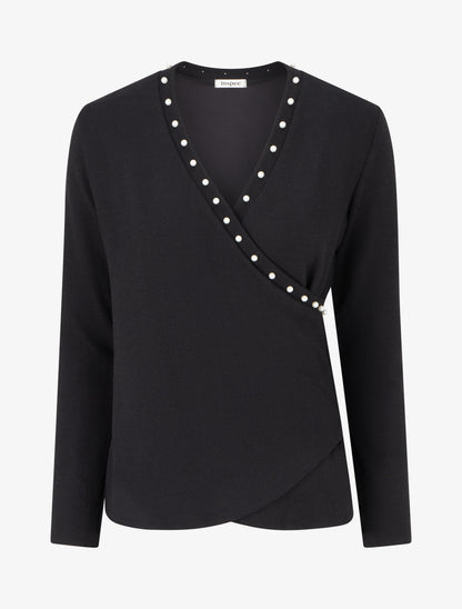 Pull fin à col cache-coeur orné de perles - Noir - 1