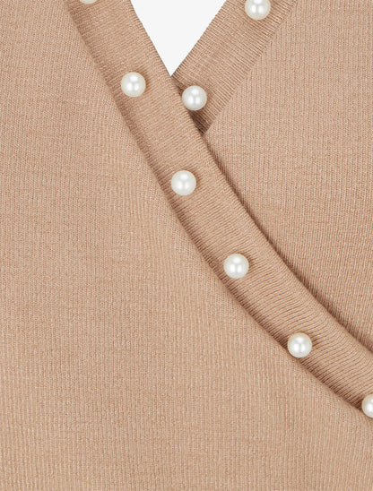 Pull fin à col cache-coeur orné de perles - Camel - 3