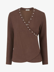Pull fin à col cache-coeur orné de perles - Marron - 1
