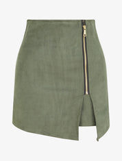 Jupe short zippée en suédine - Kaki - 1