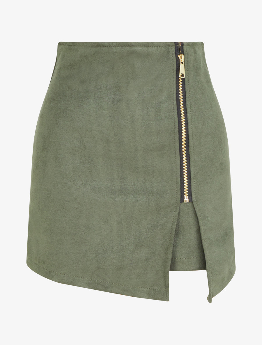 Reißverschluss-Shortsrock aus Wildlederimitat - Kaki