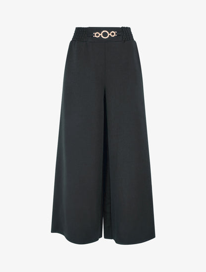Pantalon palazzo taille froncée à anneaux - Noir - 1