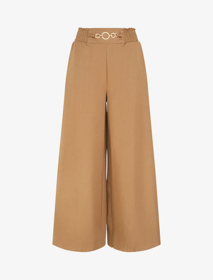 Pantalon palazzo taille froncée à anneaux - Camel - 1