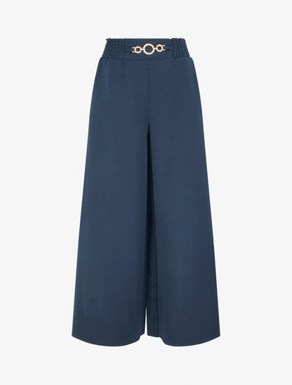 Pantalon palazzo taille froncée à anneaux - Marine - 1