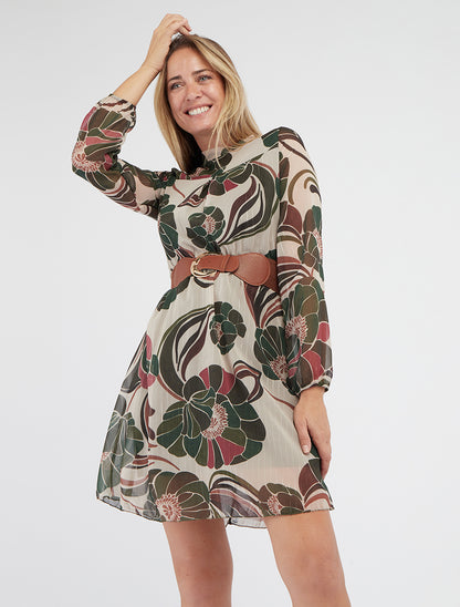 Irisierendes Kleid mit Blumenmuster - Kaki