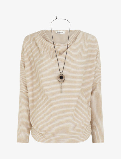 Pull fin rayé à col bénitier - Beige - 1