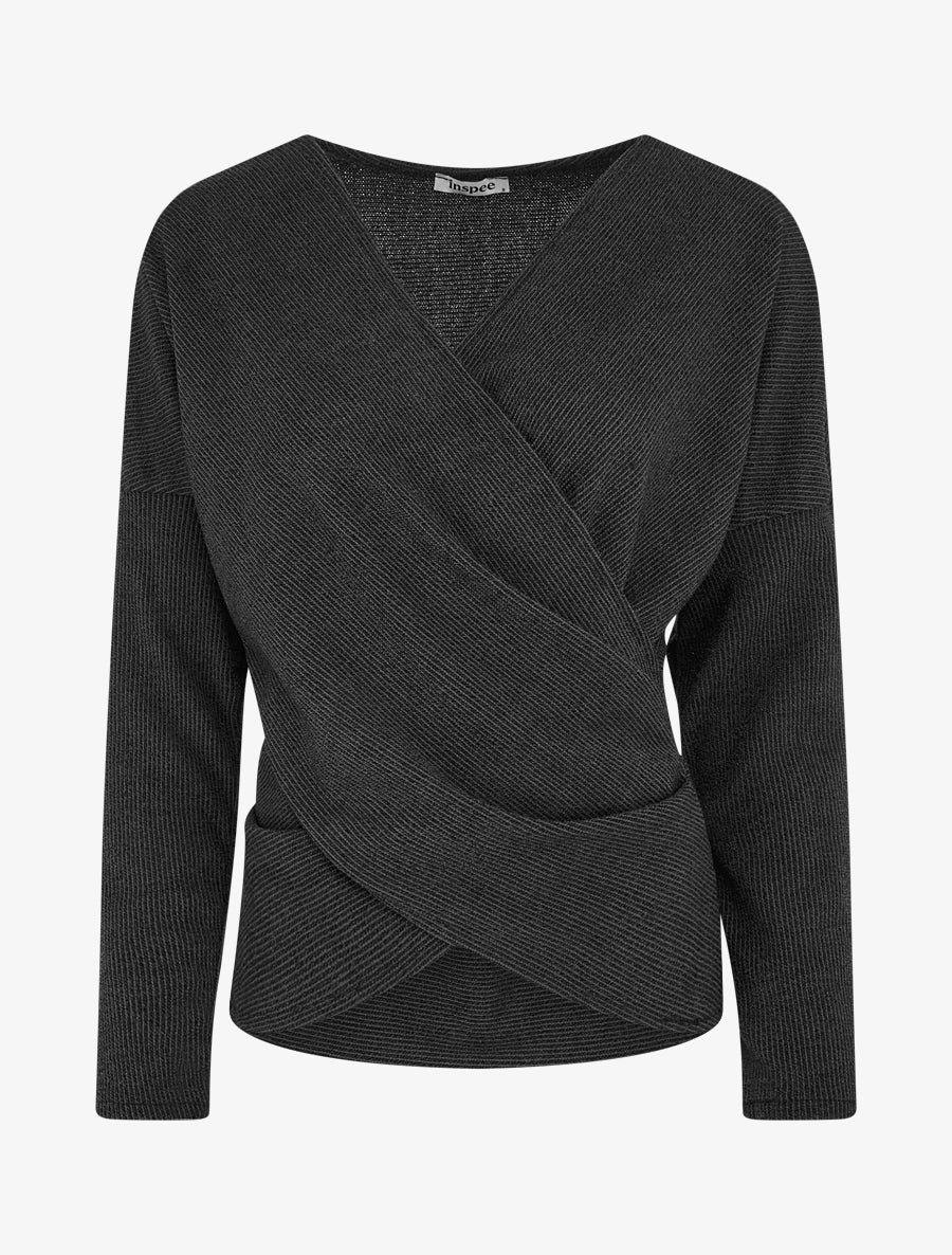 Pull fin uni à col cache-coeur - Noir - 1
