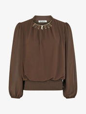 Blouse unie en voile à empiècement collier - Marron - 1