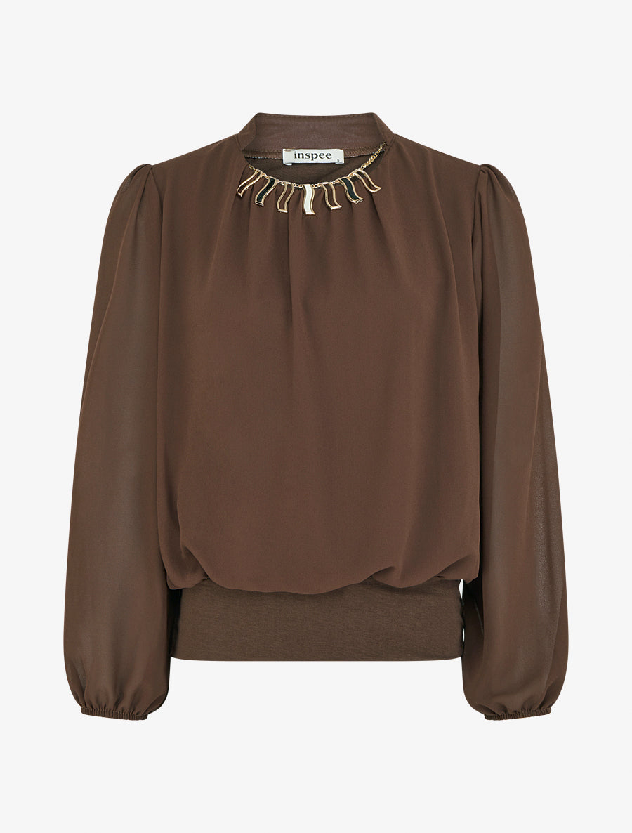 Blouse unie en voile à empiècement collier - Marron - 1