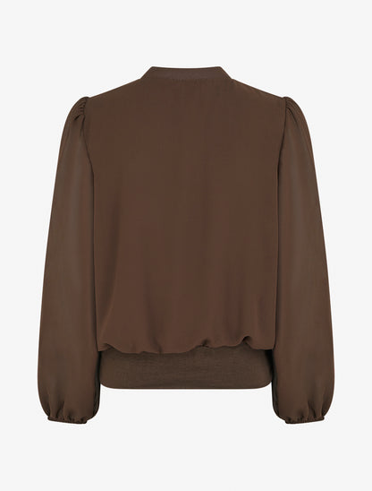 Blouse unie en voile à empiècement collier - Marron - 2
