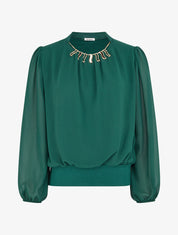 Blouse unie en voile à empiècement collier - Vert sapin - 1