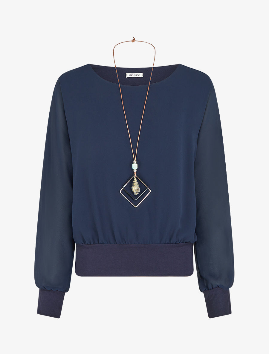 Blouse unie en voile à manches longues - Marine - 1